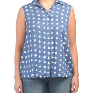 Avenue Stars Patriotic Button Down Sleeveless Plus SZ Blue Cream Holiday SZ 32